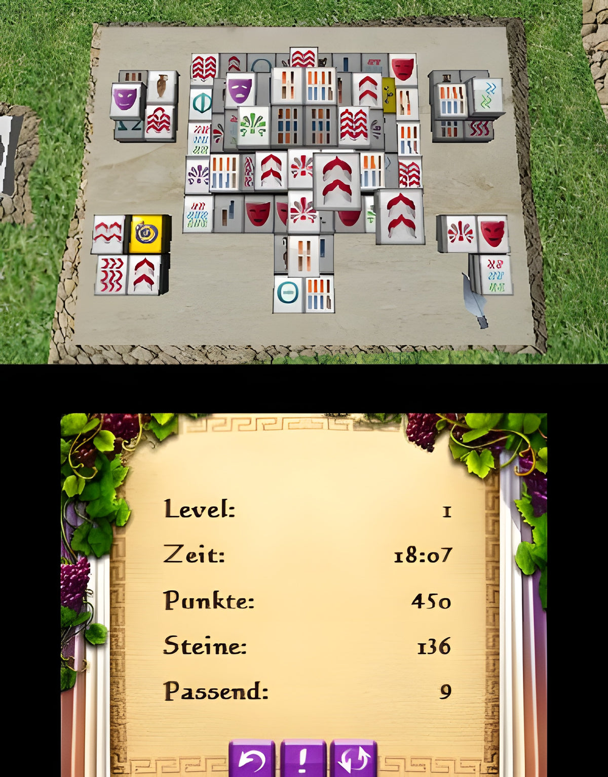 Mahjongg Mysteries: Ancient Athena 3D zeigt ein Spielfeld mit Steinen und die Spielstatistik.