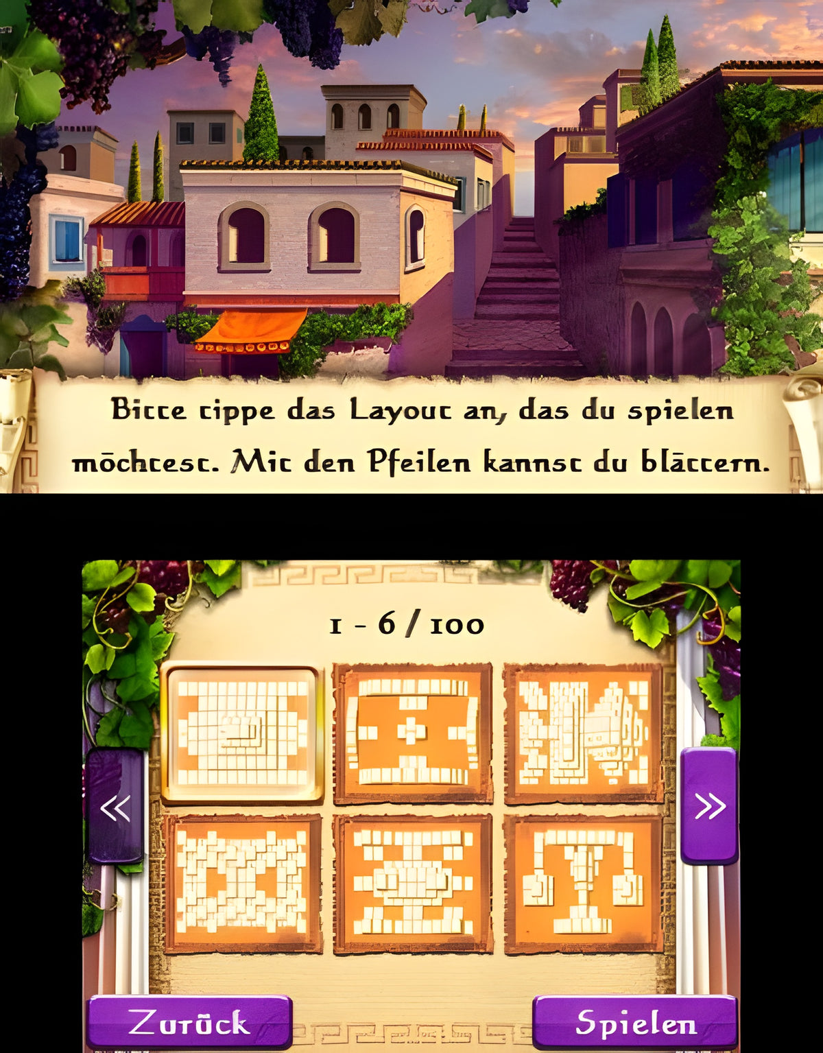 In Mahjongg Mysteries: Ancient Athena 3D zeigt das Menü eine Auswahl von sechs verschiedenen Mahjongg-Layouts.