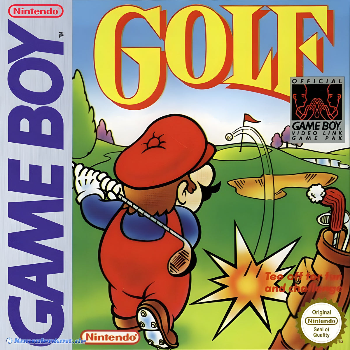 Das Cover von Mario Golf / Golf für GameBoy zeigt Mario beim Golfschwung auf einem grünen Platz.