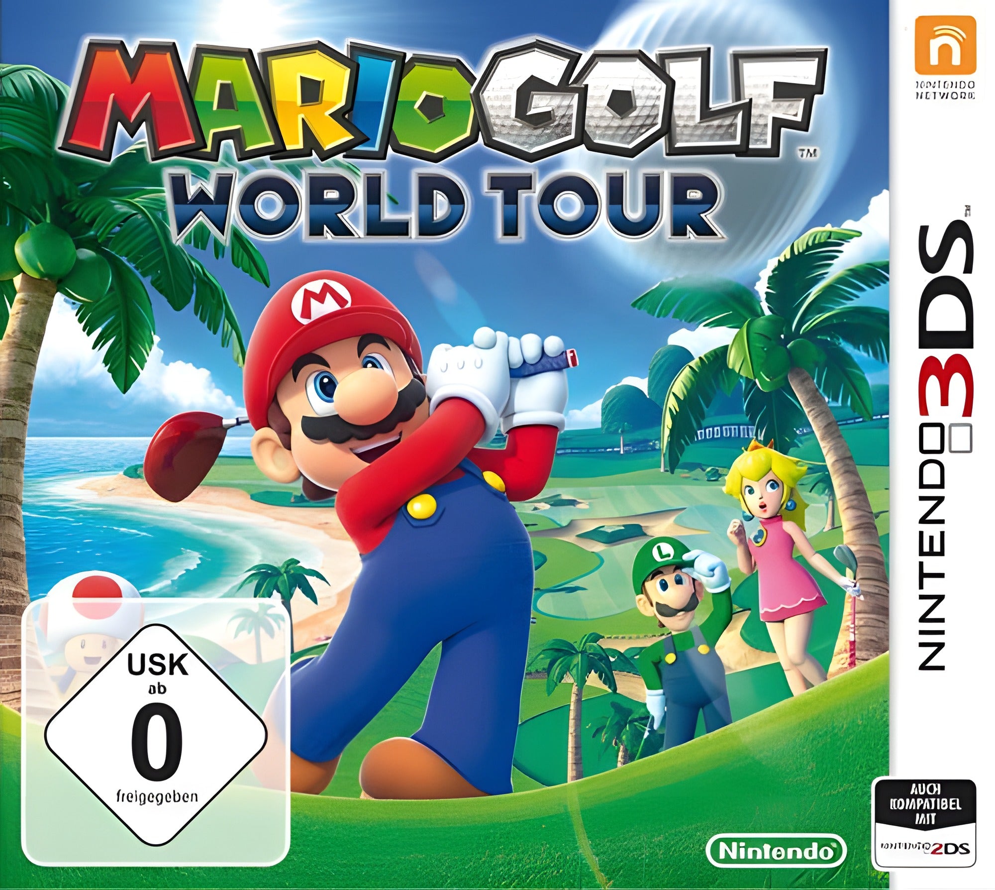 Das Cover von Mario Golf: World Tour für Nintendo 3DS zeigt Mario, Peach und Luigi auf einem Golfplatz, USK ab 0.