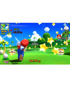 In Mario Golf: World Tour schlägt Mario auf einem tropischen Golfplatz ab, umgeben von Sternen.