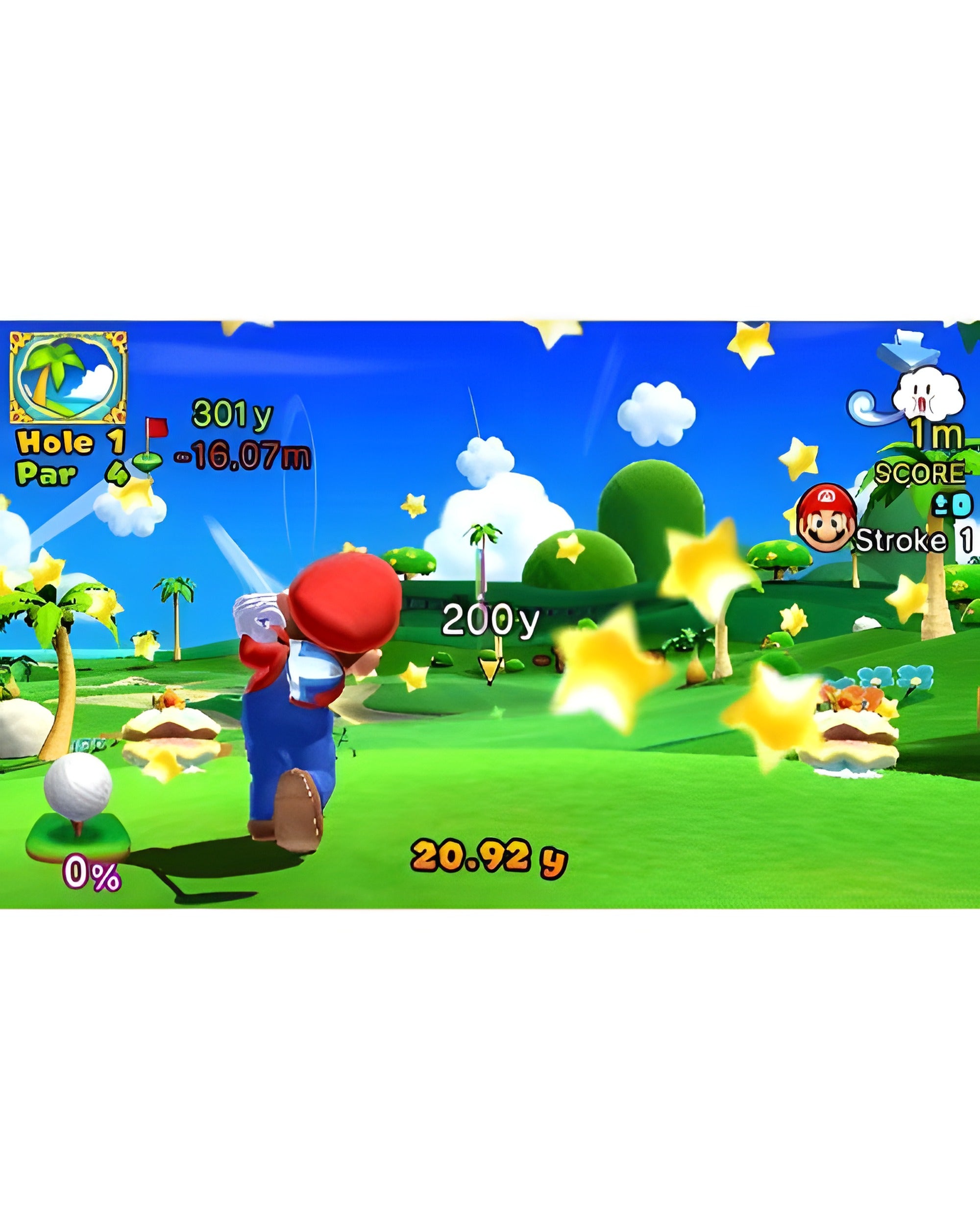 In Mario Golf: World Tour schlägt Mario auf einem tropischen Golfplatz ab, umgeben von Sternen.