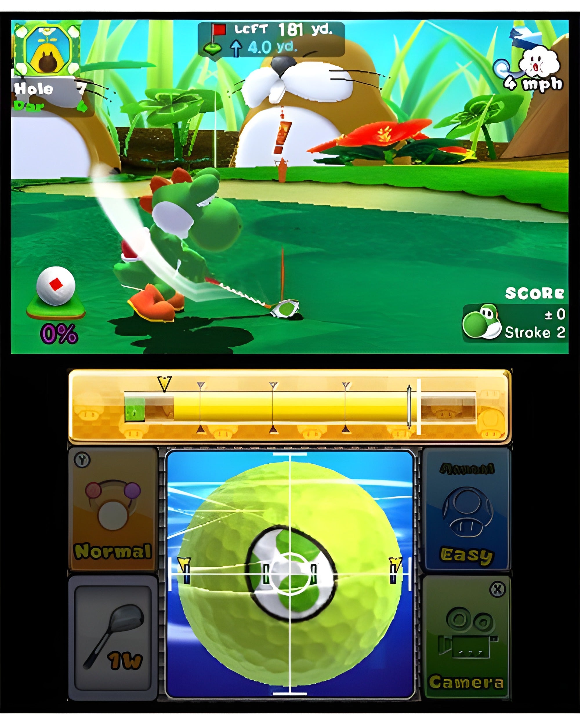 Yoshi schlägt in Mario Golf: World Tour ab, während im Hintergrund ein großer Maulwurf zu sehen ist.