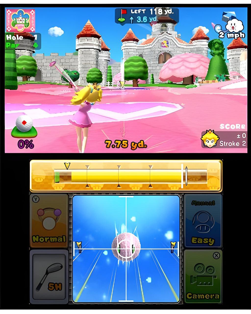 Prinzessin Peach schlägt in Mario Golf: World Tour auf einem Golfplatz mit einem Schloss im Hintergrund ab.
