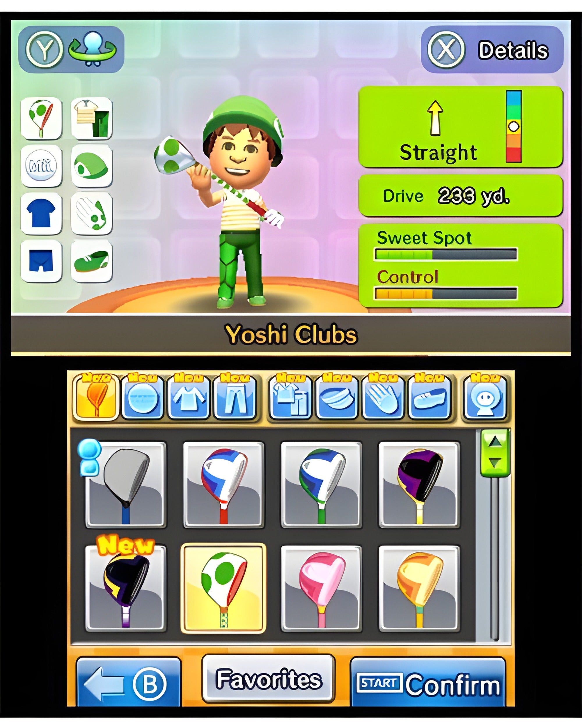 Im Menü von Mario Golf: World Tour wählt ein Mii-Charakter einen Yoshi-Golfschläger aus.