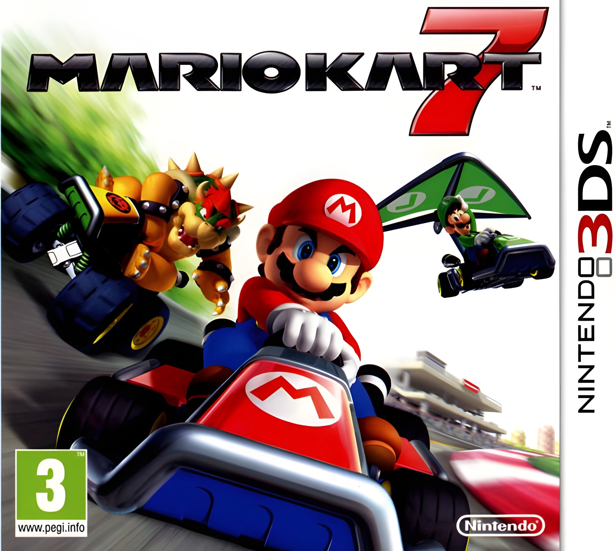 Das Cover von Mario Kart 7 für Nintendo 3DS zeigt Mario, Bowser und Luigi in ihren Karts, USK ab 0.