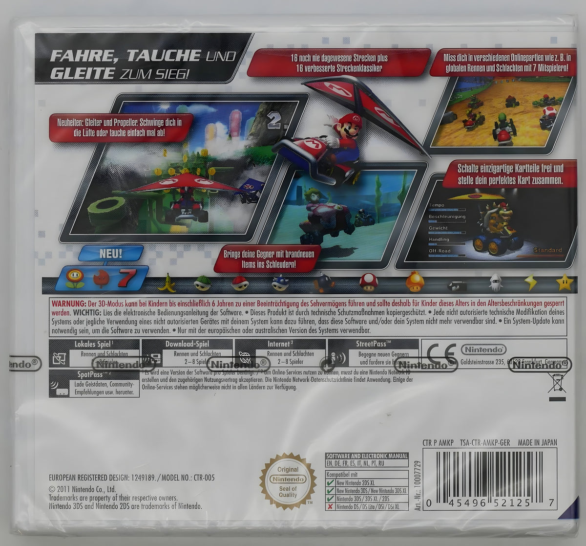 Die Rückseite der Verpackung von Mario Kart 7 Pixel Grading SEALED 80 zeigt Spielszenen und Texte.