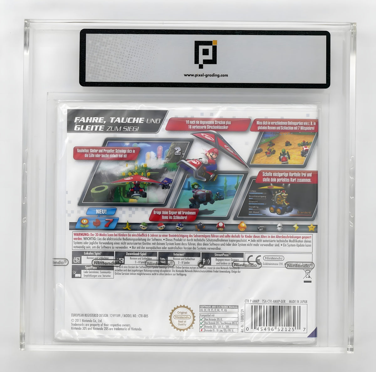 Die Rückseite von Mario Kart 7 Pixel Grading SEALED 80 ist in einer Grading-Hülle zu sehen.