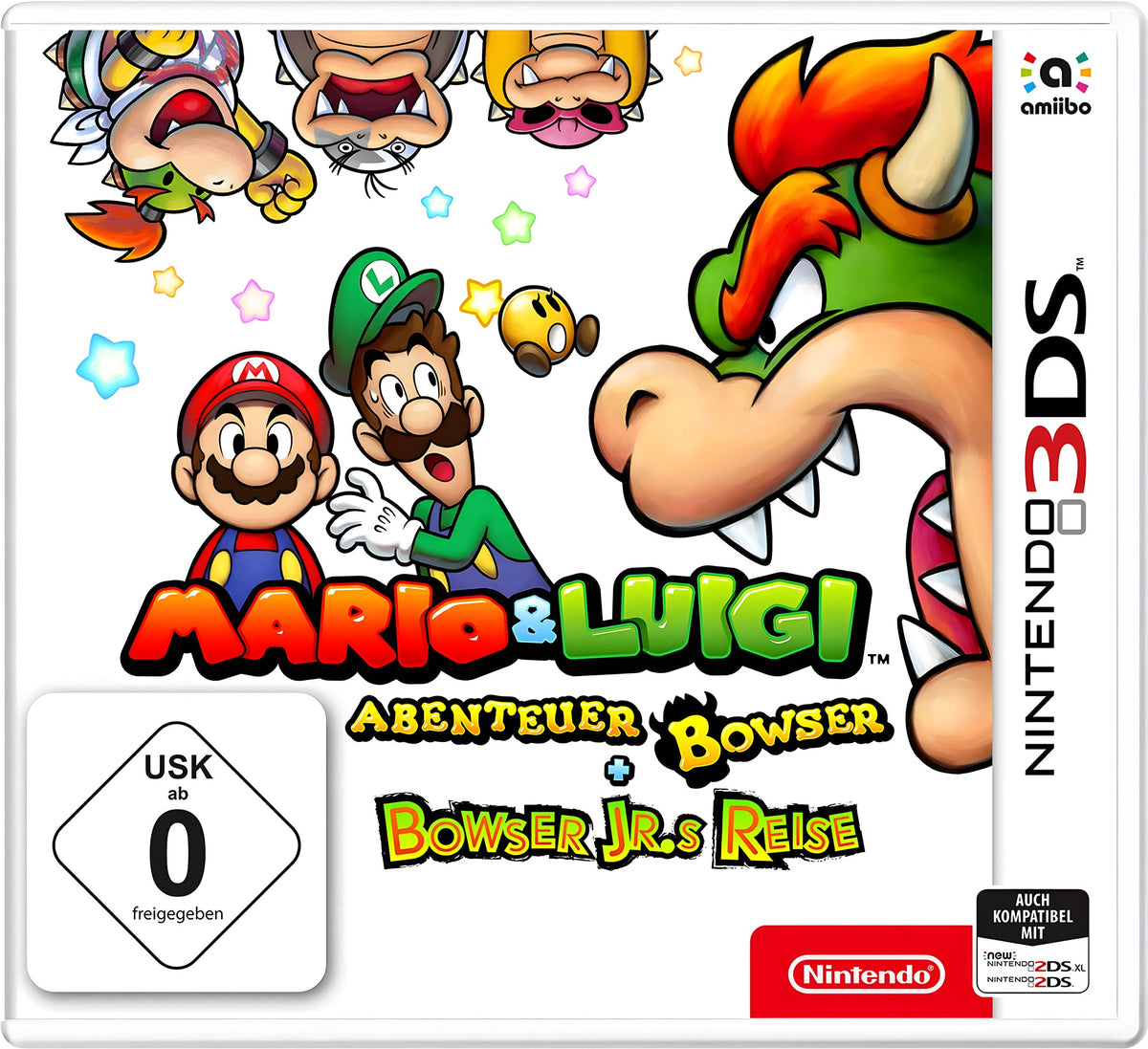 Das Cover von Mario & Luigi: Abenteuer Bowser + Bowser Jr.s Reise für Nintendo 3DS zeigt Mario, Luigi und Bowser, USK ab 0.