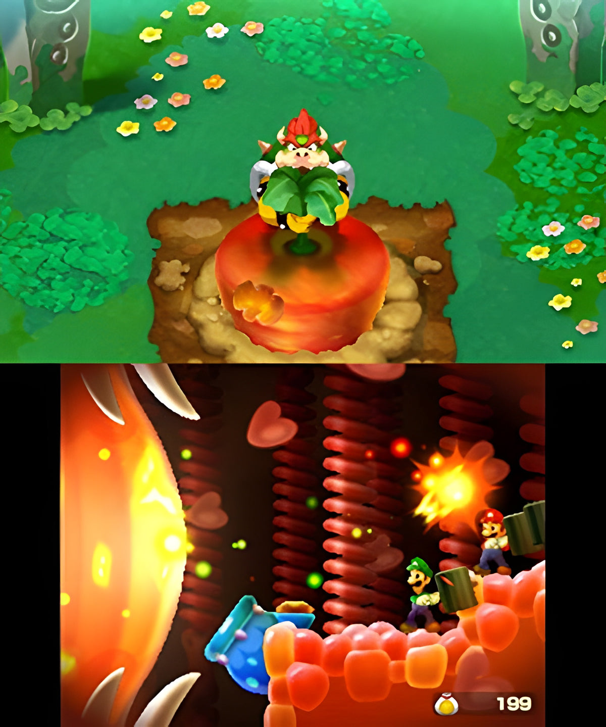 Mario & Luigi: Abenteuer Bowser + Bowser Jr.s Reise zeigt Bowser auf einem Apfel und Mario und Luigi im Inneren.