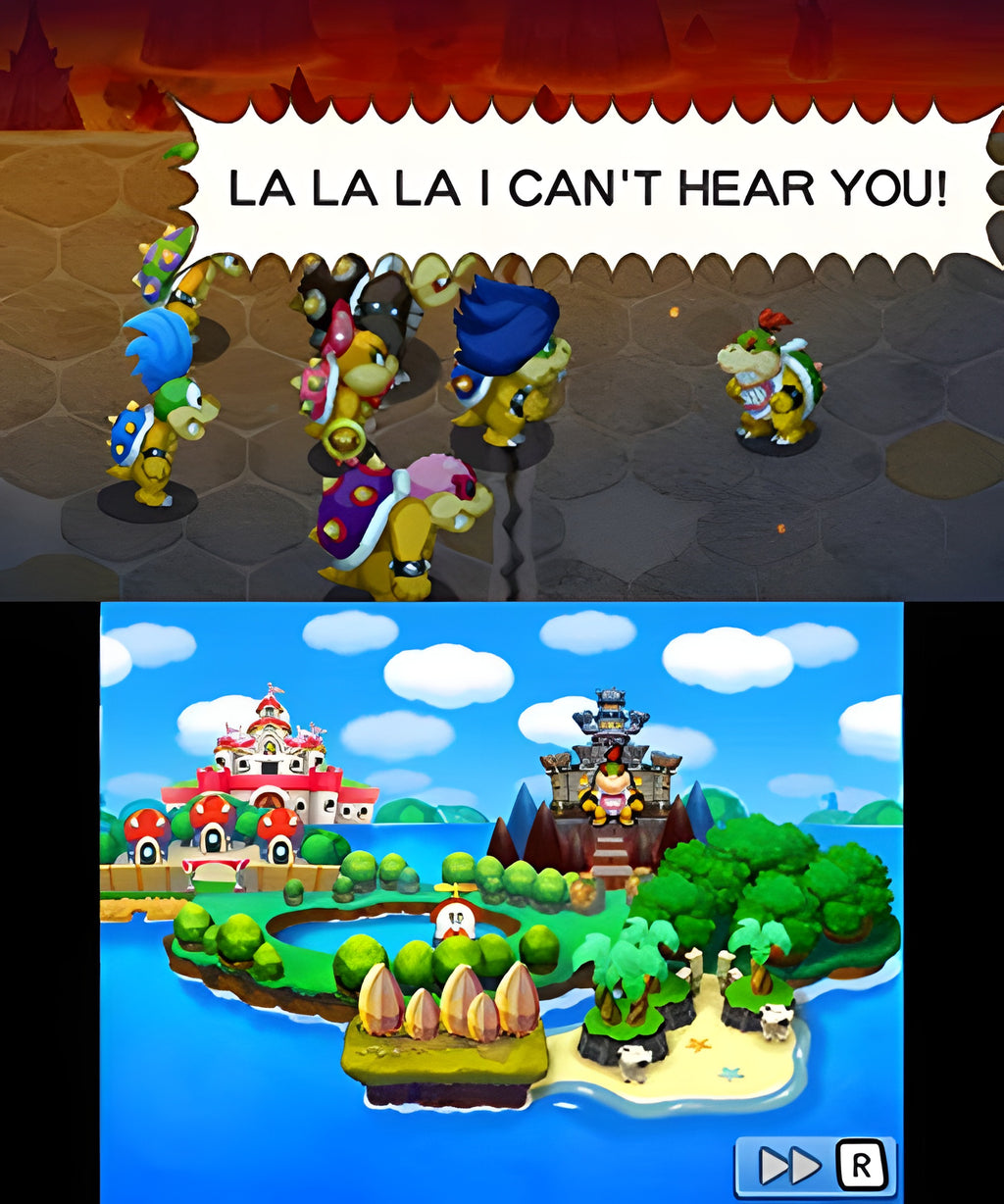 In Mario & Luigi: Abenteuer Bowser + Bowser Jr.s Reise sind Bowser Jr. und seine Kohorten sowie eine Karte zu sehen.