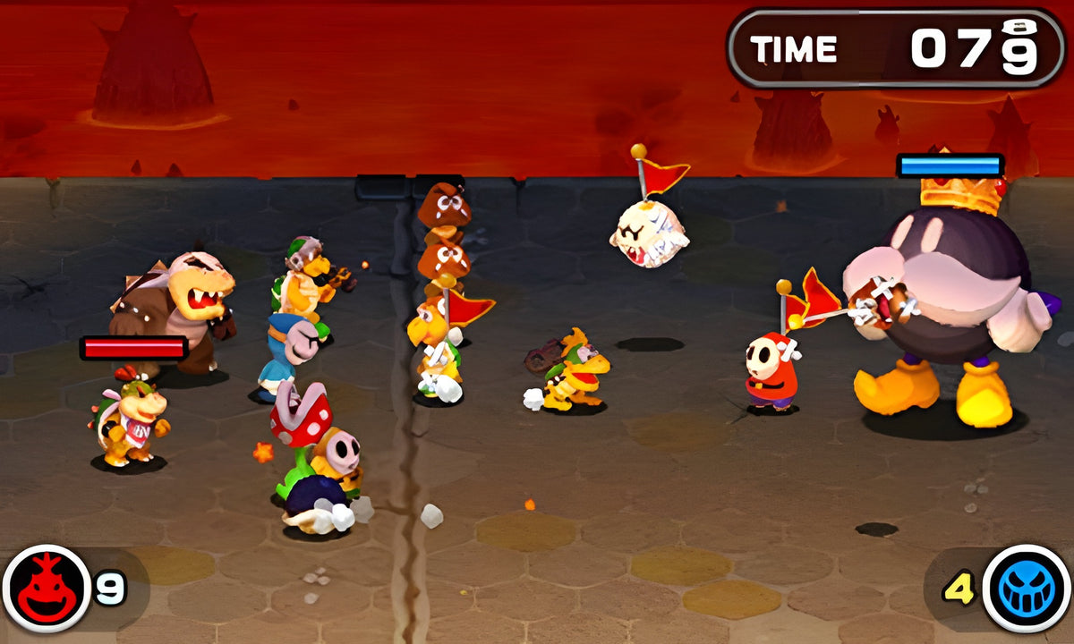In Mario & Luigi: Abenteuer Bowser + Bowser Jr.s Reise kämpft Bowser Jr. mit seiner Armee gegen einen Gegner.