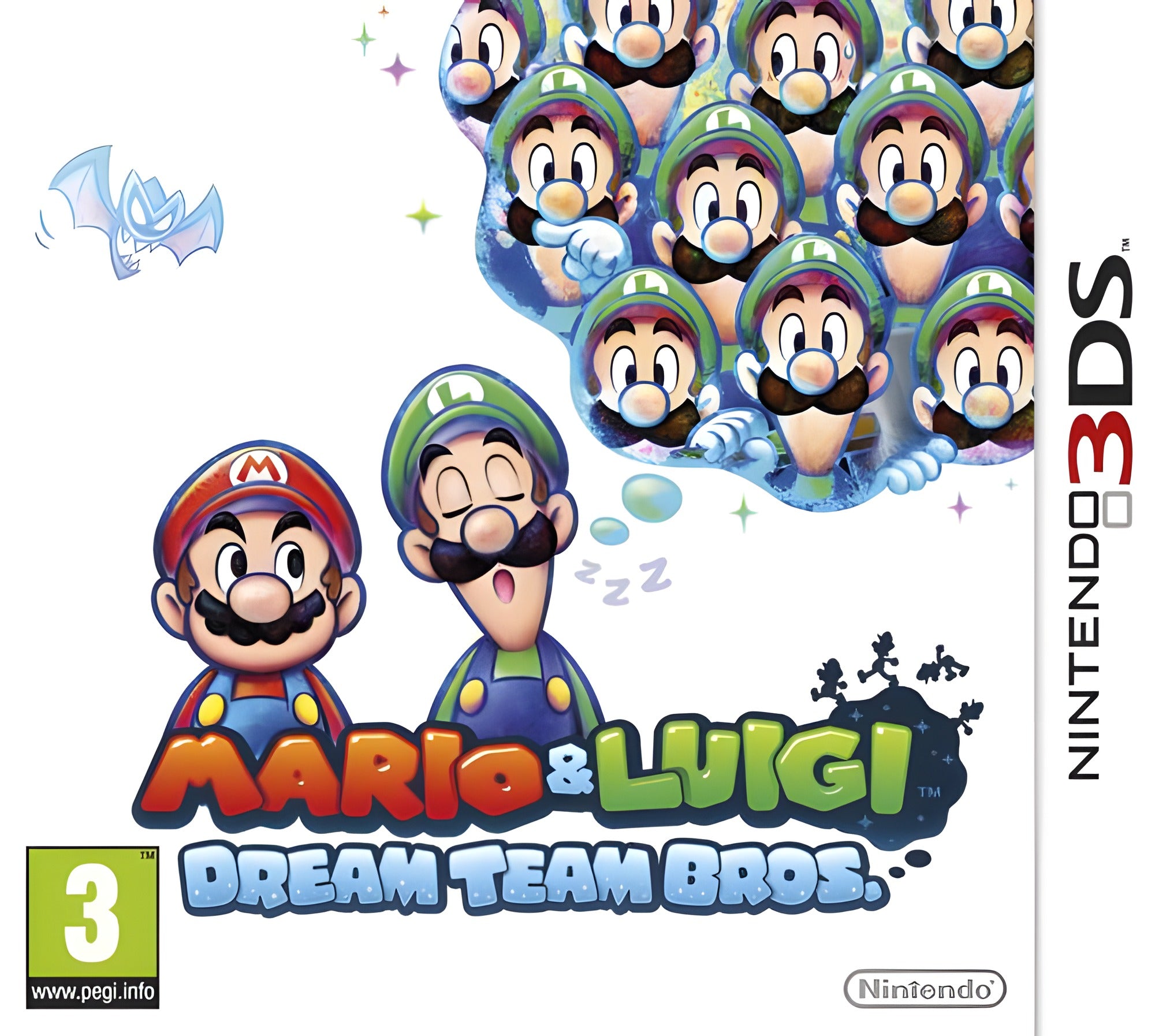 Mario & Luigi: Dream Team Bros. zeigt Mario und einen schlafenden Luigi vor vielen Luigi-Köpfen. PEGI 3.