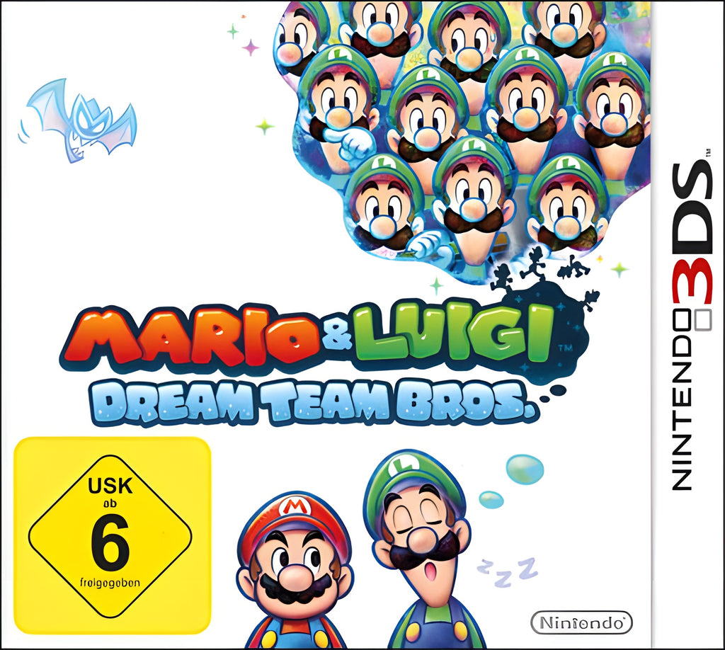 Auf dem Cover von Mario & Luigi: Dream Team Bros. sind Mario und ein schlafender Luigi zu sehen. USK ab 6.