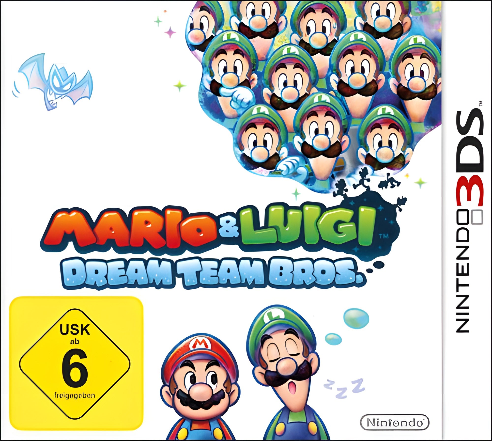 Auf dem Cover von Mario & Luigi: Dream Team Bros. sind Mario und ein schlafender Luigi zu sehen. USK ab 6.