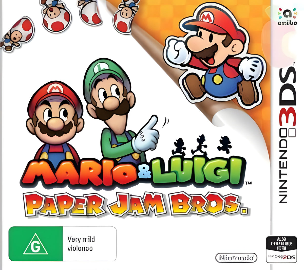 Das Cover von Mario & Luigi: Paper Jam Bros. zeigt Mario, Luigi und Paper Mario über dem Titel mit dem G-Siegel.