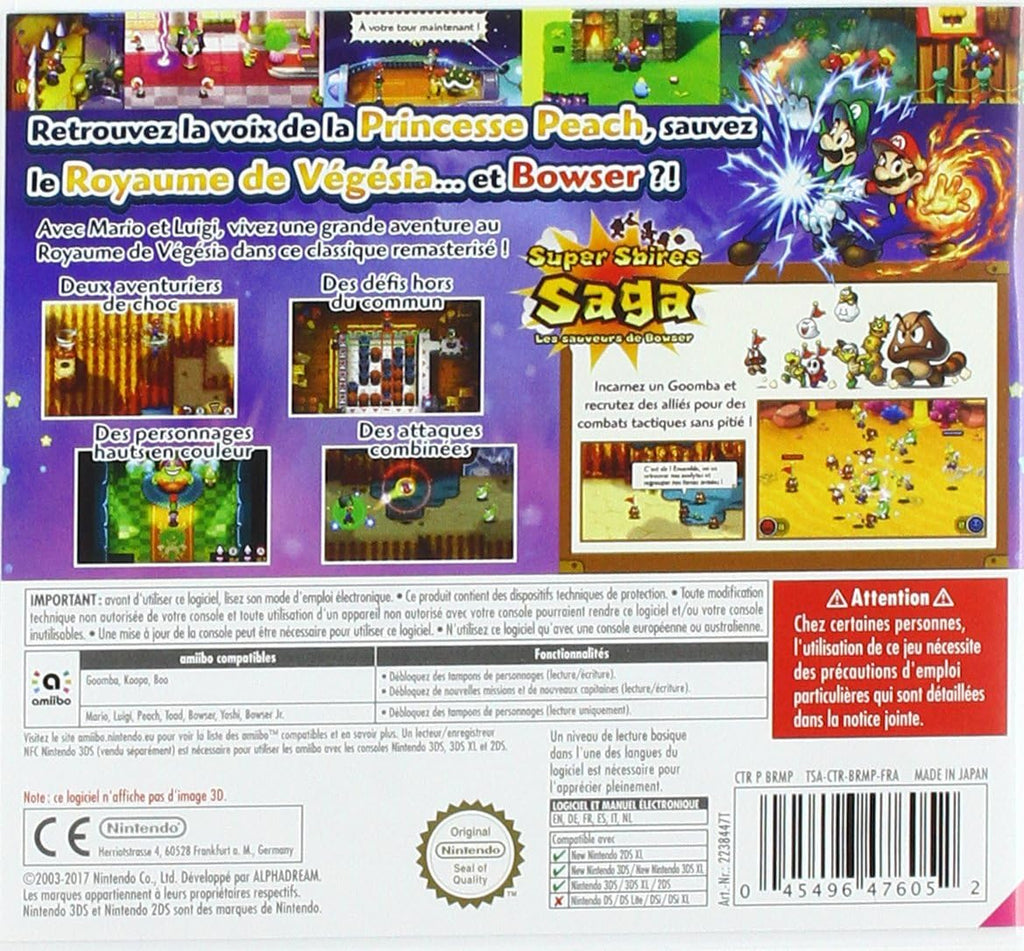 Die Rückseite der Verpackung von Mario & Luigi Superstar Saga + Les Sbires de Bowser zeigt mehrere kleine Spielszenen.