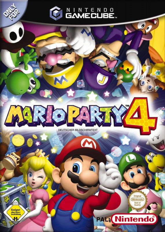 Das Cover von Mario Party 4 für GameCube zeigt viele Charaktere und das USK-Logo ab 0 Jahren.