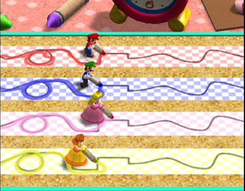 Luigi, Peach und Daisy zeichnen mit großen Buntstiften bunte Linien auf einem karierten Hintergrund.
