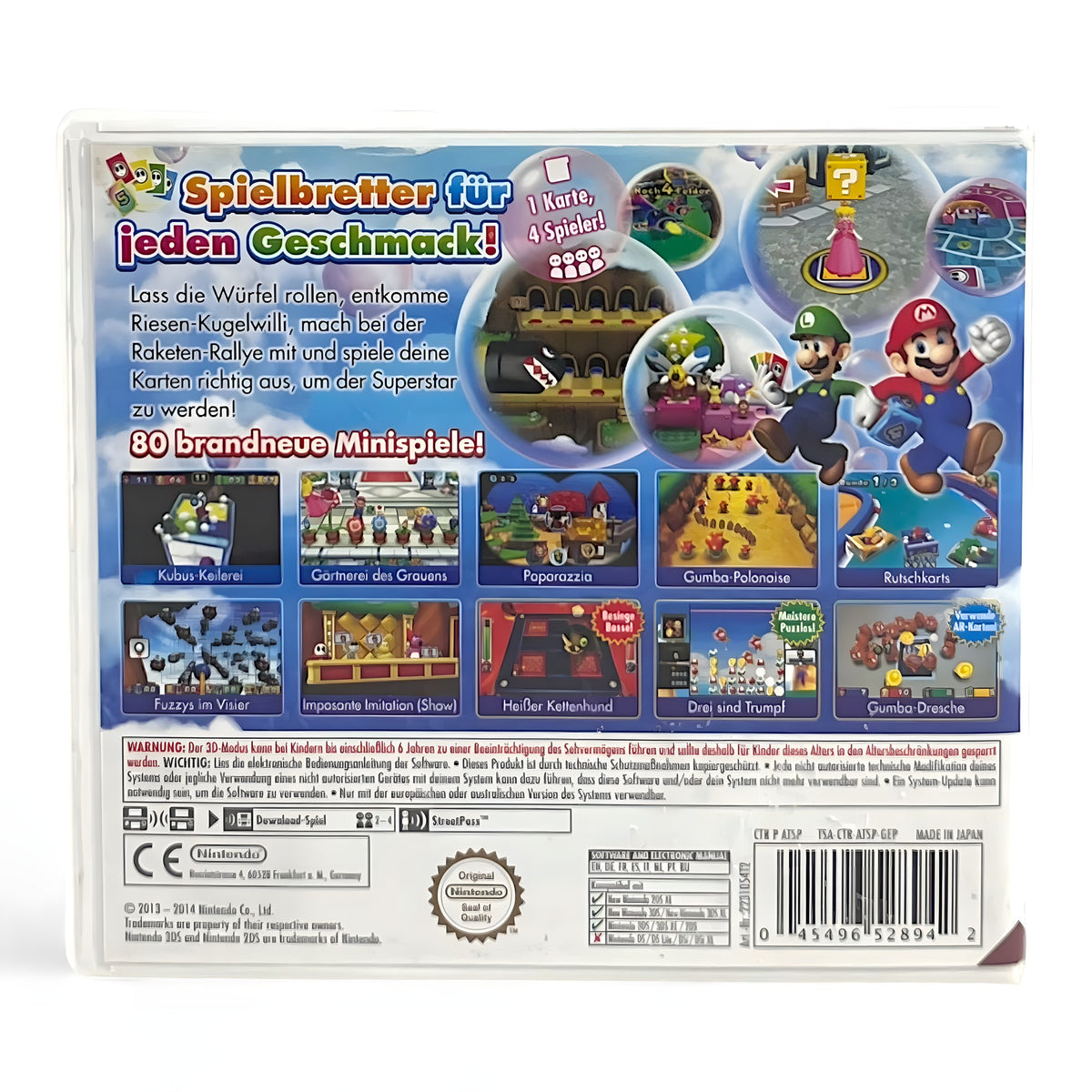 Die Rückseite der Verpackung von Mario Party: Island Tour zeigt Spielszenen und Text zur Spielbeschreibung.
