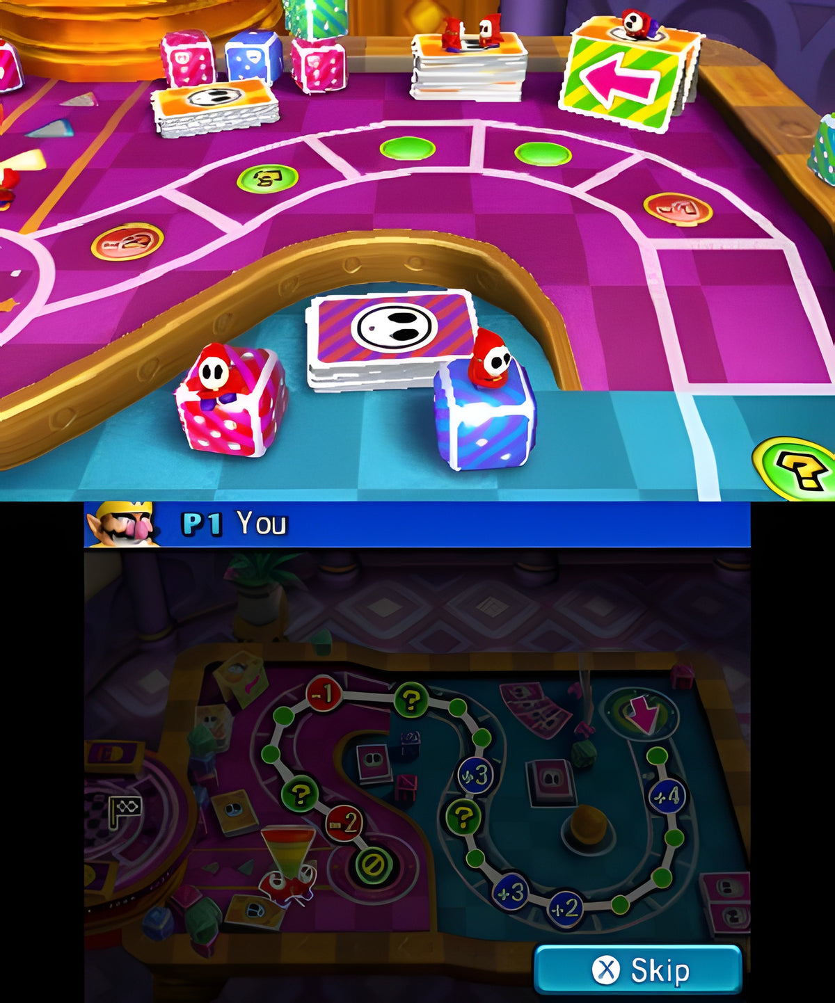 Auf dem oberen Bildschirm von Mario Party: Island Tour sind zwei Shy Guys auf einem lilafarbenen Spielbrett zu sehen.