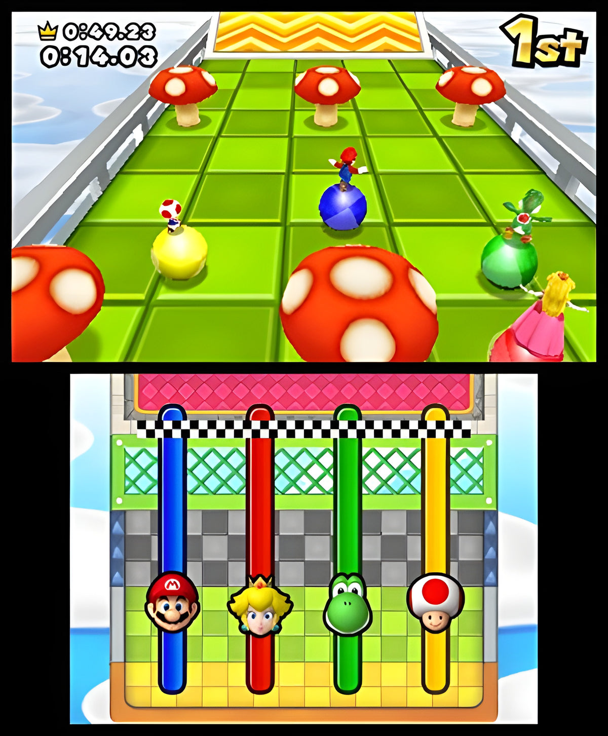 Ein Minispiel in Mario Party: Island Tour zeigt Mario, wie er auf einem Ball über Pilze hüpft.