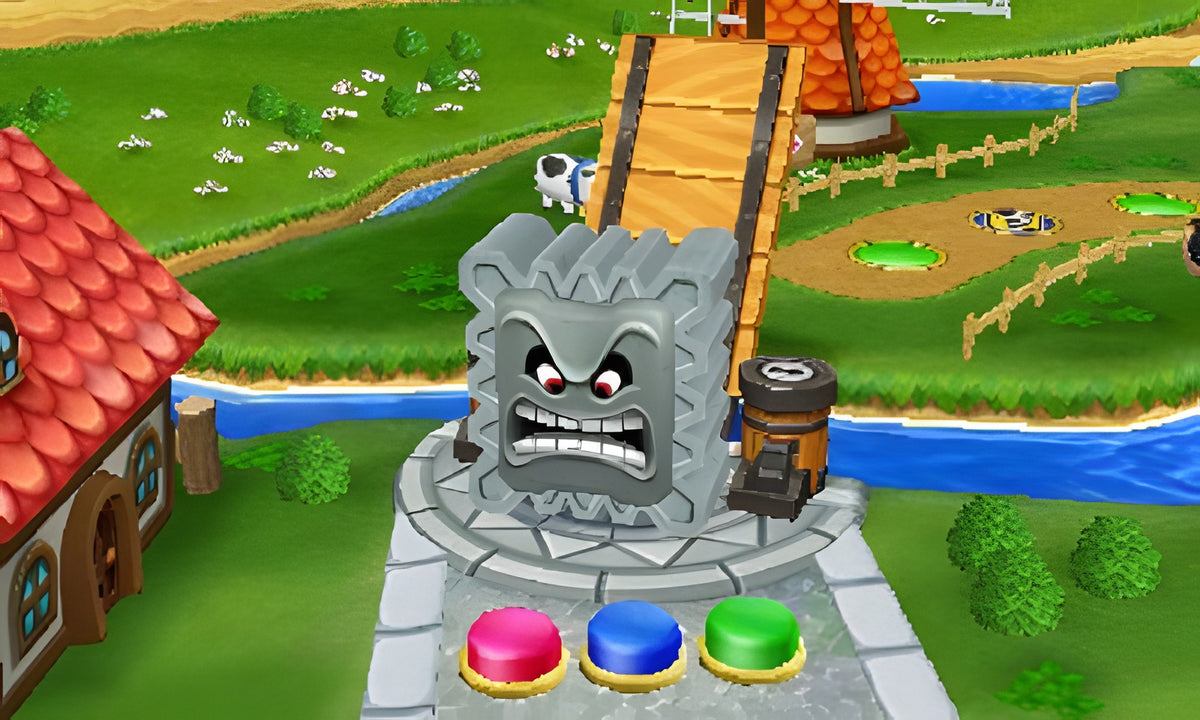 Ein Thwomp blockiert den Weg auf einem ländlichen Spielbrett in Mario Party: Island Tour.