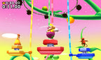 In Mario Party: Star Rush balancieren Wario, Daisy und zwei Affen auf schwingenden Plattformen.
