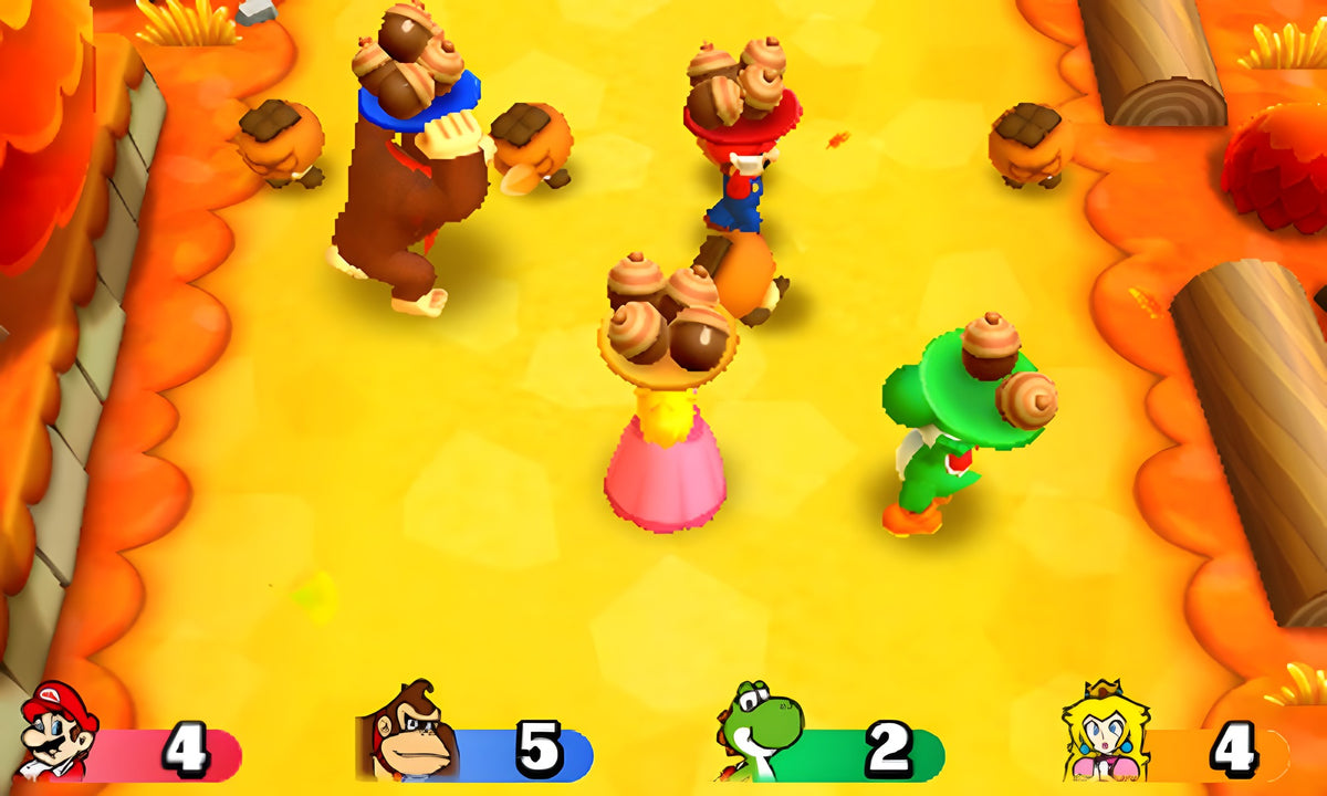 Donkey Kong, Yoshi und andere Charaktere sammeln Pilze in Mario Party: Star Rush.