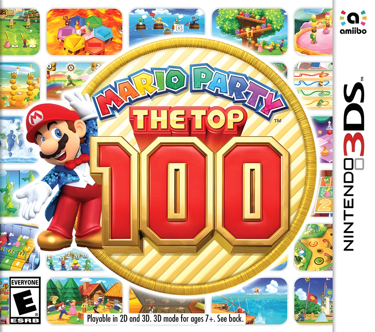 Das Cover von Mario Party: The Top 100 für Nintendo 3DS mit Mario und dem ESRB E Siegel.