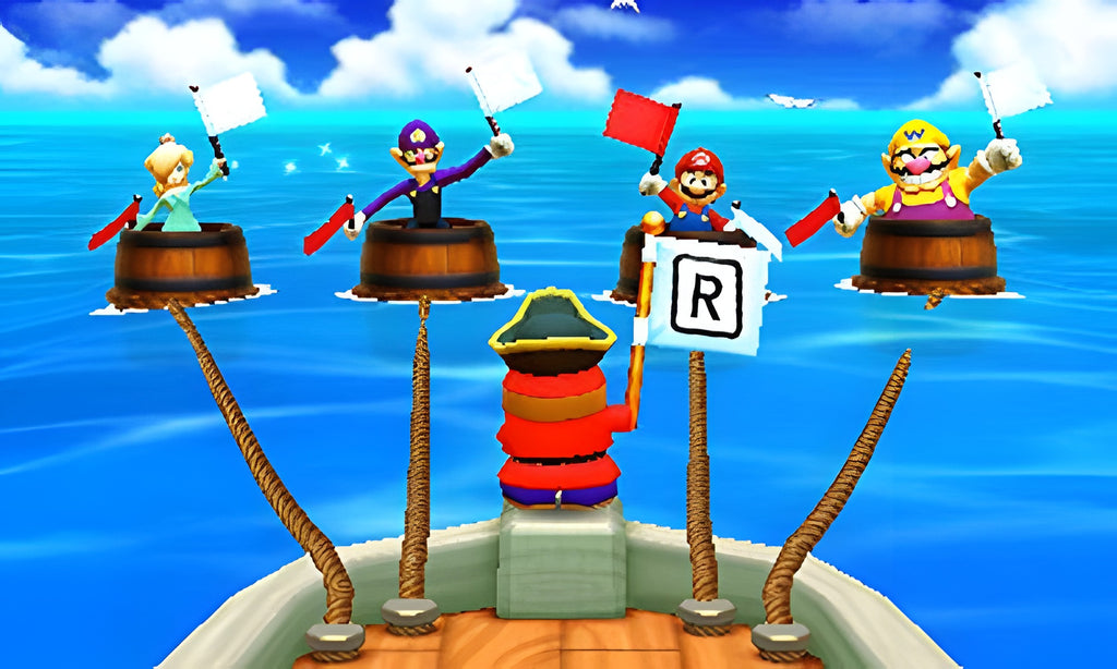 In Mario Party: The Top 100 für Nintendo 3DS fahren vier Charaktere in Fässern auf einem Boot um die Wette.