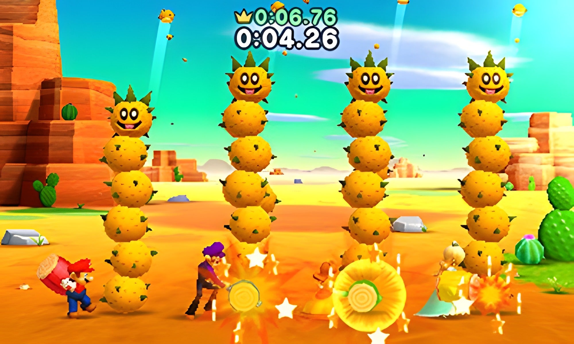 Mario Party: The Top 100 für Nintendo 3DS zeigt Charaktere, die in einer Wüste Stachelkugeln zerstören.