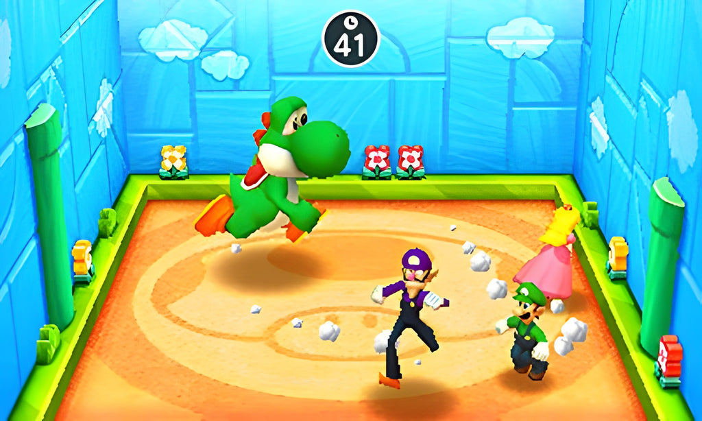 In Mario Party: The Top 100 für Nintendo 3DS kämpfen Yoshi, Waluigi und Luigi in einer blauen Arena.
