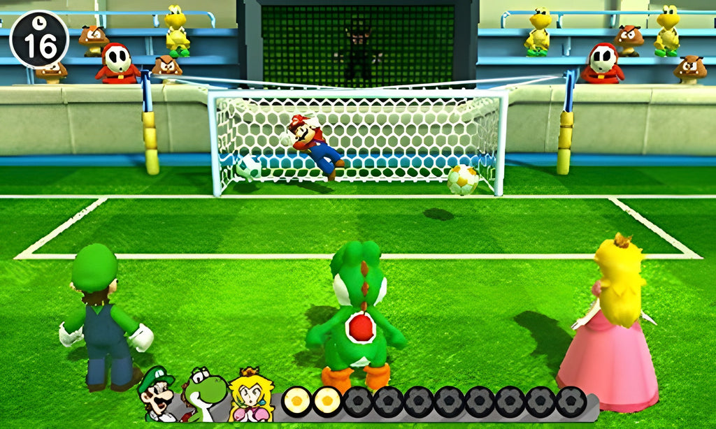 Ein Fußball-Minispiel in Mario Party: The Top 100, bei dem Mario ein Tor erzielt.