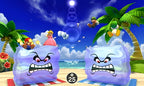 Eine Szene aus Mario Party: The Top 100 für Nintendo 3DS zeigt Peach und Mario auf zwei großen, wütenden Kissen am Strand.