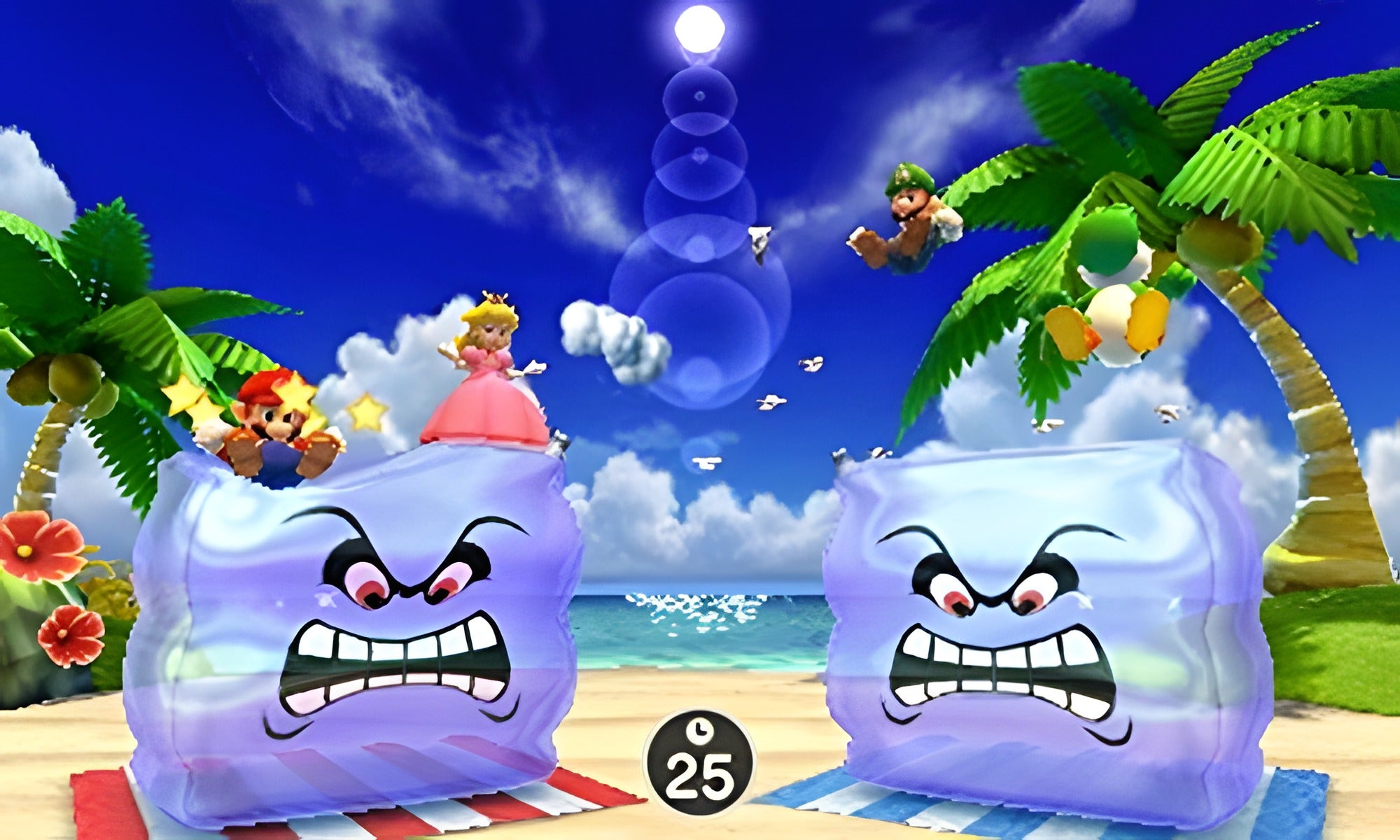 Eine Szene aus Mario Party: The Top 100 für Nintendo 3DS zeigt Peach und Mario auf zwei großen, wütenden Kissen am Strand.