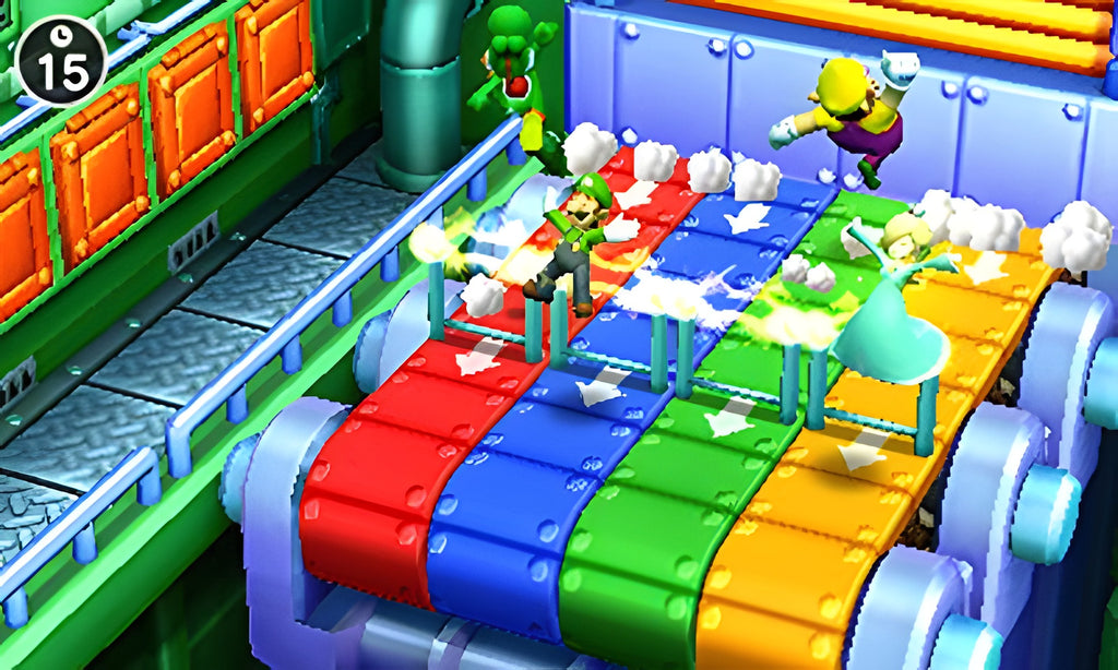 Mario Party: The Top 100 für Nintendo 3DS zeigt Luigi, Yoshi, Wario und Rosalina auf einem bunten Förderband-Minispiel.