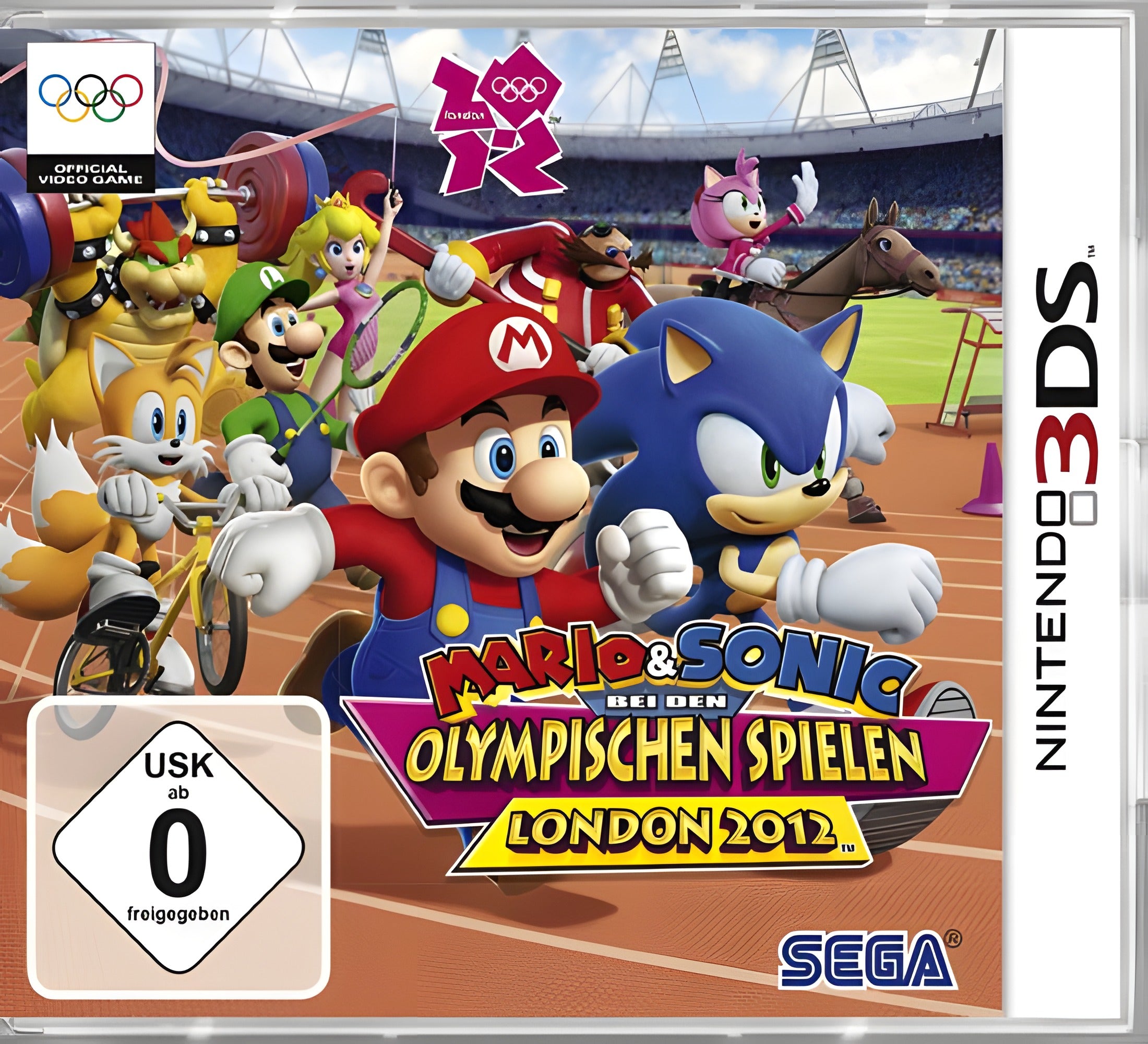 Das Cover von Mario & Sonic bei den Olympischen Spielen London 2012 für Nintendo 3DS zeigt Mario und Sonic beim Rennen.