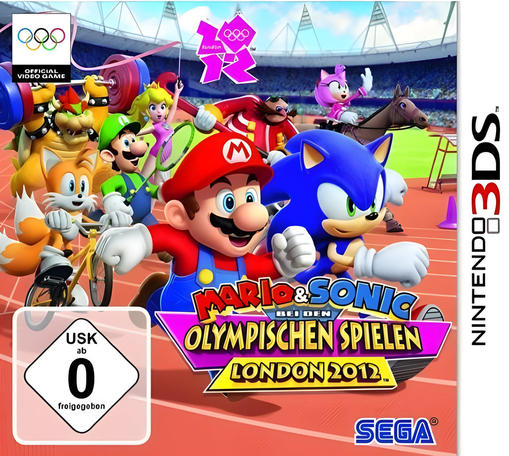 Mario & Sonic bei den Olympischen Spielen London 2012 zeigt auf dem Cover viele Charaktere im Stadion.