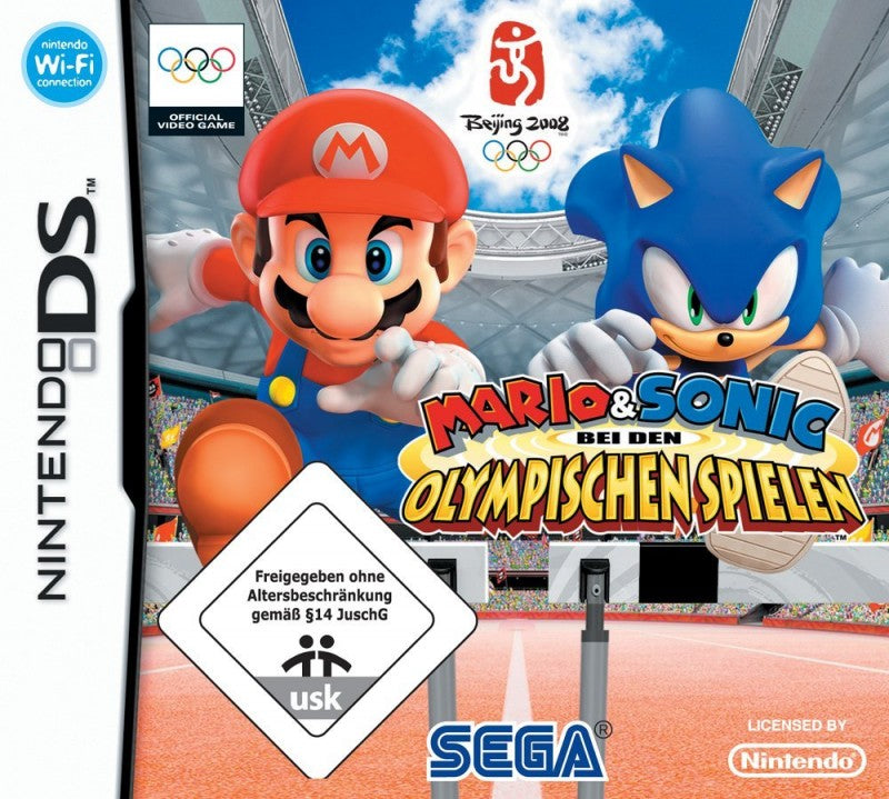 Das Cover von Mario & Sonic bei den Olympischen Spielen für Nintendo DS zeigt Mario und Sonic in Startposition, USK ab 0.
