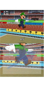 Luigi ist beim Weitsprung in der Luft zu sehen, mit einer Anzeige des Absprungwinkels.