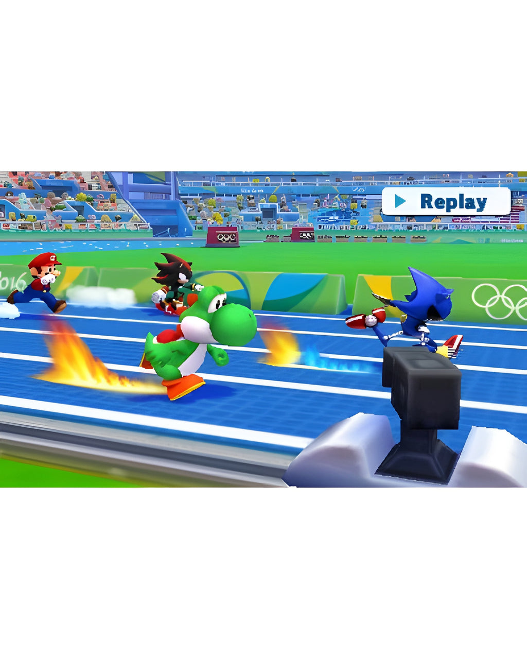 Yoshi, Mario und Shadow rennen auf einer blauen Laufbahn in Mario & Sonic bei den Olympischen Spielen Rio 2016.