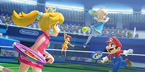 Mario Sports: Superstars zeigt Prinzessin Peach und Rosalina beim Tennis auf dem Platz.