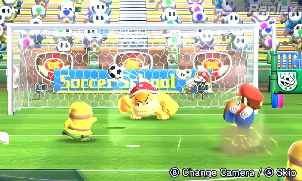 In Mario Sports: Superstars versucht Mario, ein Tor im Fussballspiel zu erzielen.