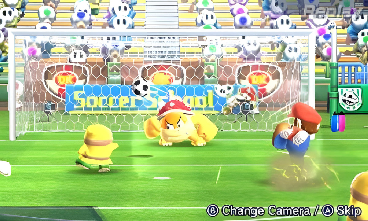 In Mario Sports: Superstars versucht Mario, ein Tor im Fussballspiel zu erzielen.