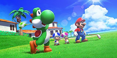 Mario Sports: Superstars zeigt Yoshi beim Golfen, während Mario und Toads zusehen.