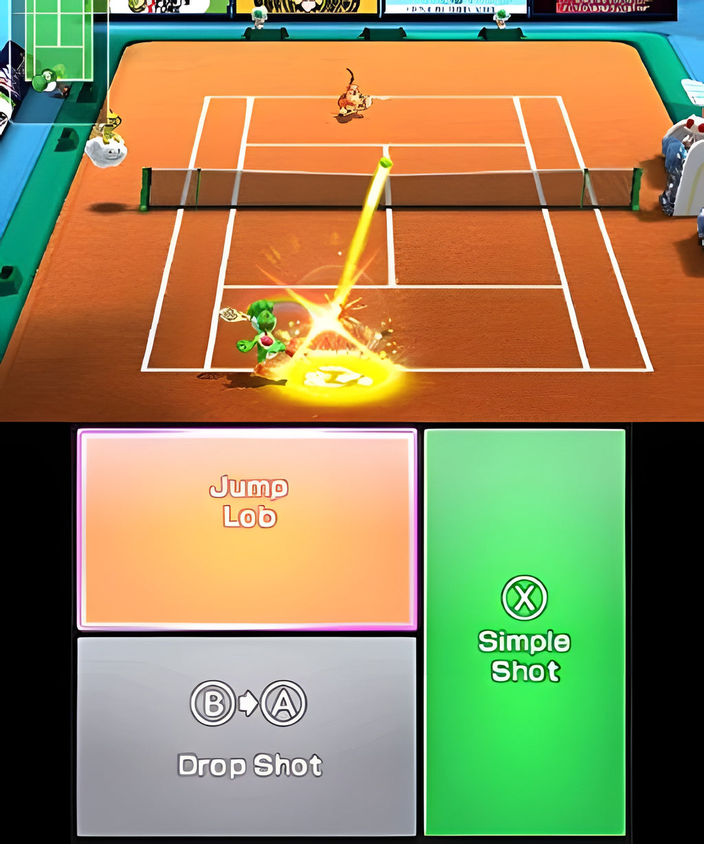 In Mario Sports: Superstars schlägt Yoshi auf einem Tennisplatz einen Ball über das Netz.