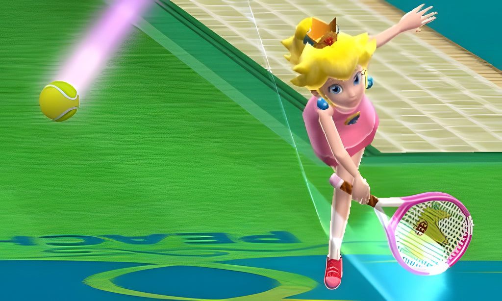 Prinzessin Peach schlägt in Mario Tennis: Open einen Tennisball mit ihrem Schläger.