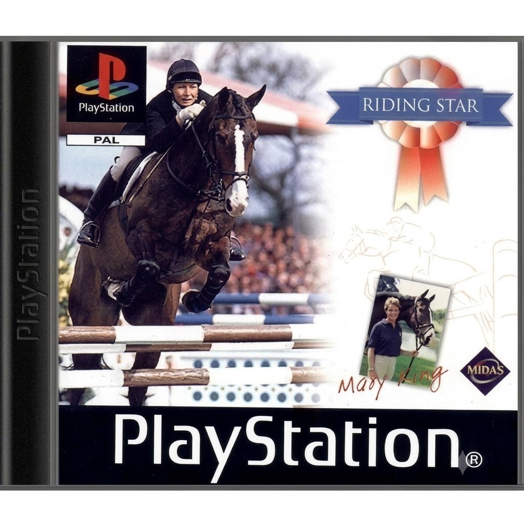 Mary King's Riding Star für PlayStation zeigt eine Reiterin auf einem Pferd beim Sprung über ein Hindernis.