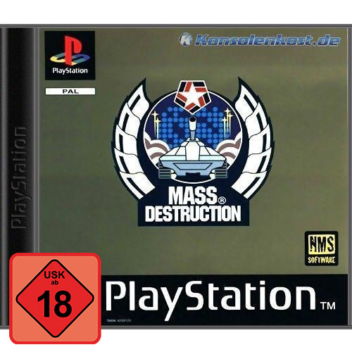 Mass Destruction für PS1, USK ab 18, zeigt ein Emblem mit einem Panzer und dem Schriftzug des Titels.